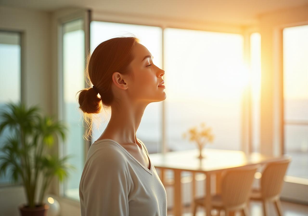 Person taking a deep breath in a clean room