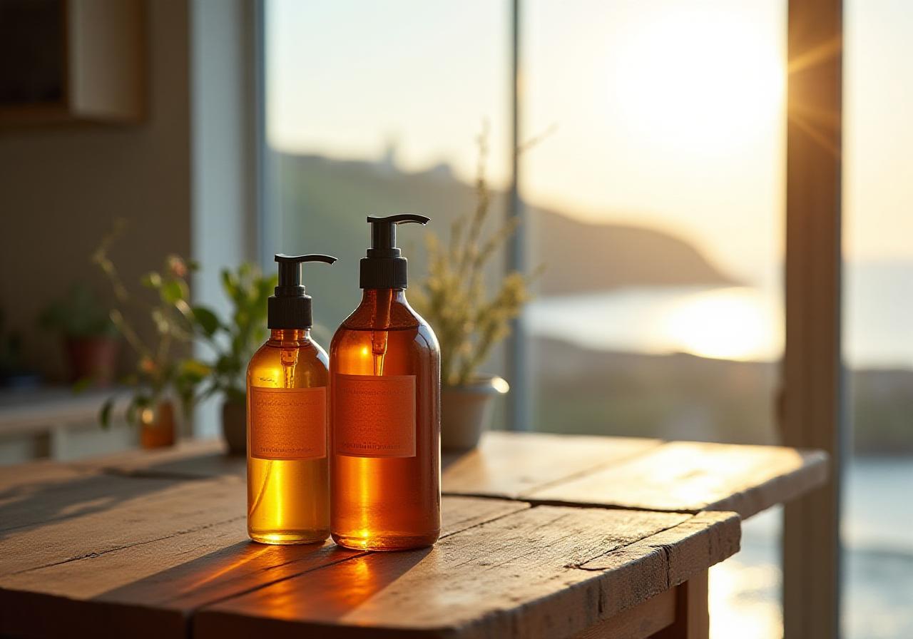 Eco-friendly cleaning supplies near a bright coastal window