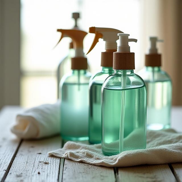 Eco-friendly cleaning supplies on a coastal wooden table