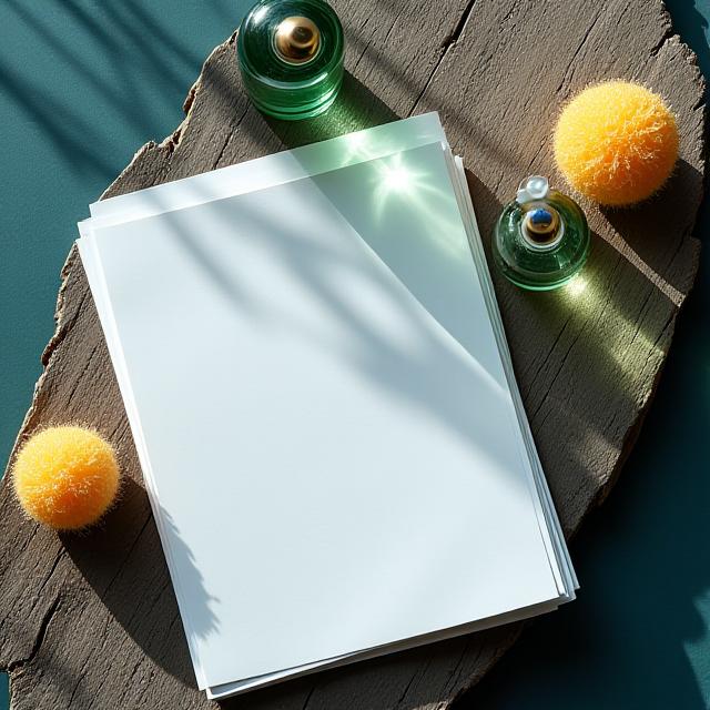 Close up of organic cleaning supplies and structured paperwork on a wooden coastal desk