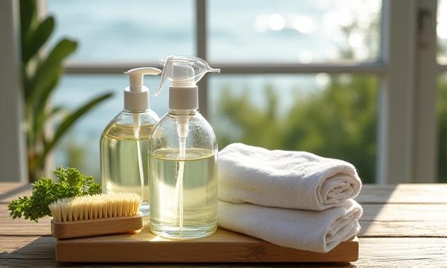 Eco-friendly cleaning tools arranged on a rustic wooden bench near the window