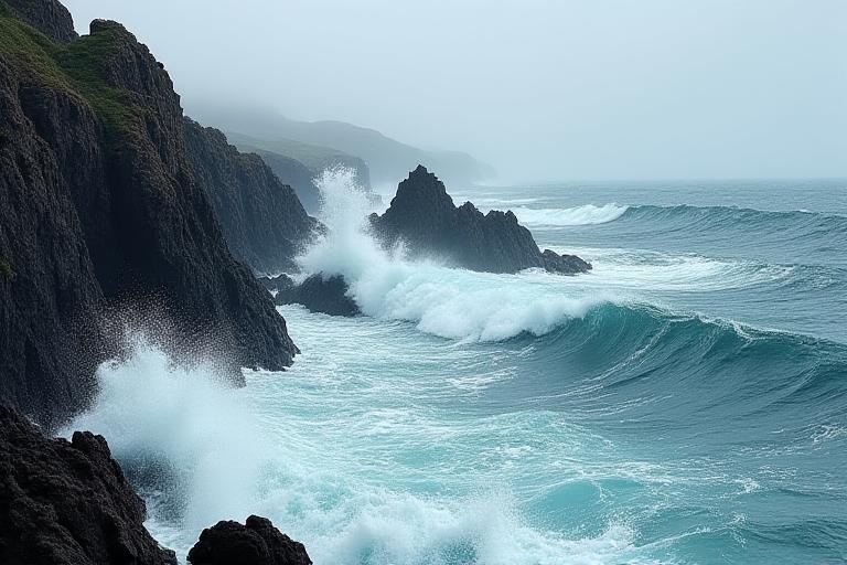 Dramatic close-up of Atlantic ocean waves hitting raw coastal rocks, high contrast